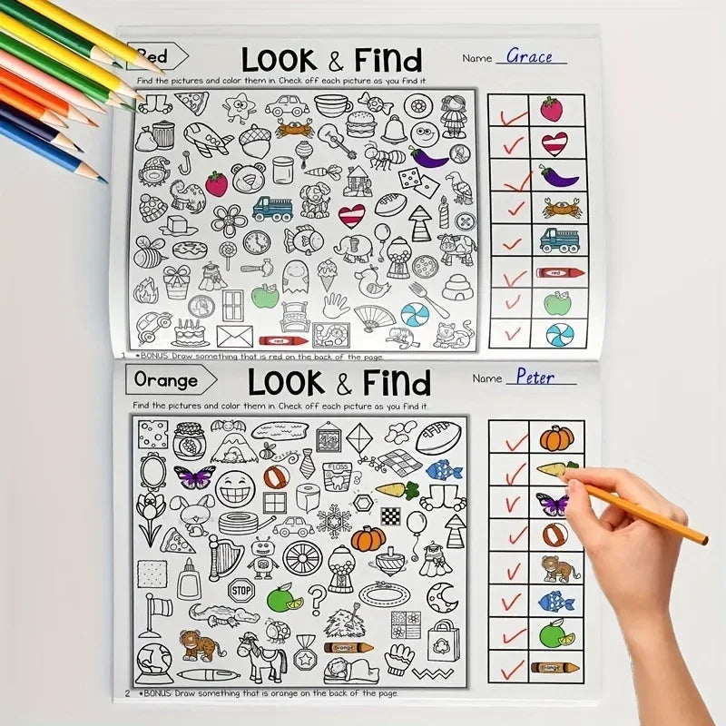 32 Pages Children's Hidden Object Coloring Book | Interactive Educational Matching Game